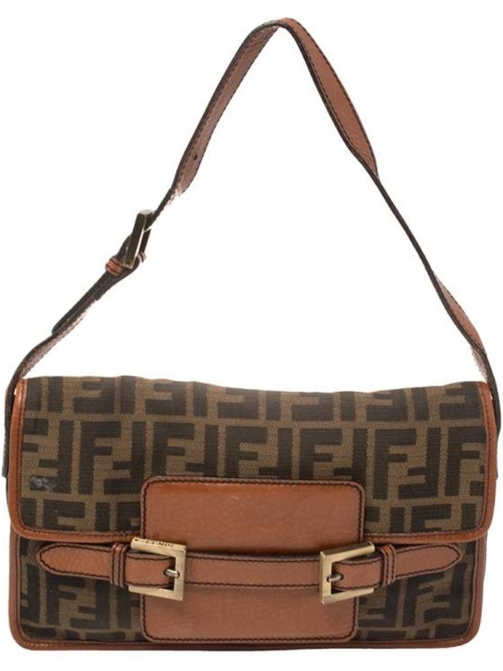 Fendi Brown Zucca Monogram Shoulder Bag with Tan Leather Trim